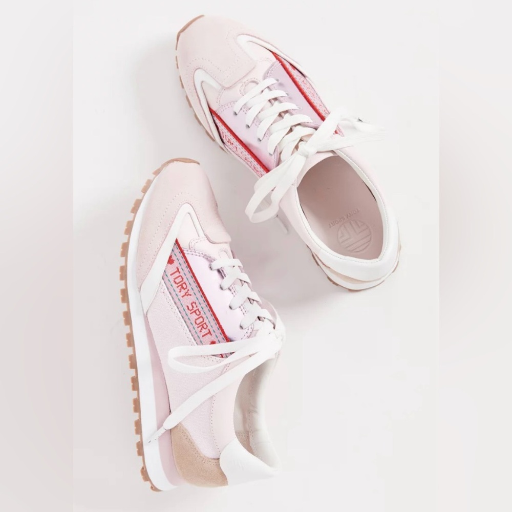 Tory Sport Banner Trainer Sneakers Pink White Leather Canvas 9.5 NIB